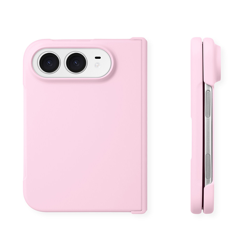 ZeekClub pink iPhone Duo dopamine case, back view with dual camera cutouts and side profile view