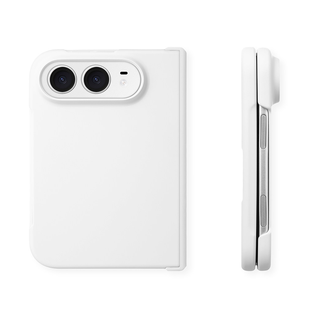 ZeekClub white iPhone Duo dopamine case, back view with dual camera cutouts and side profile view